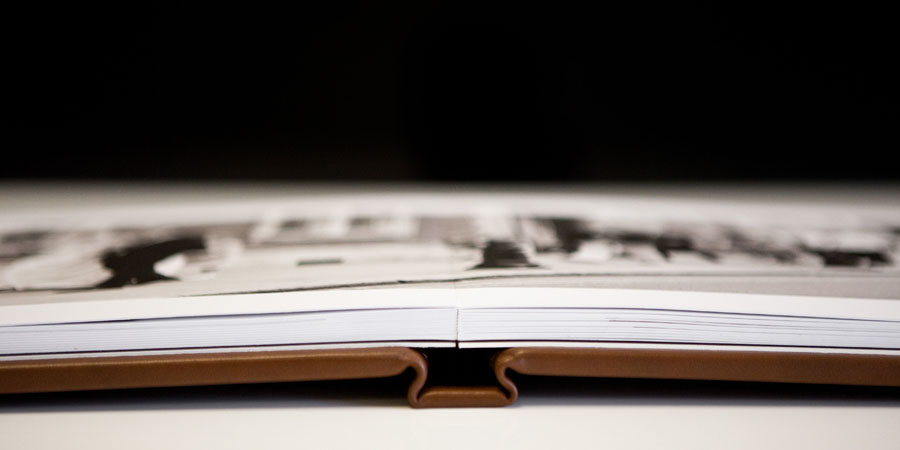 Detail view of the spine of a leather Folio Wedding Album