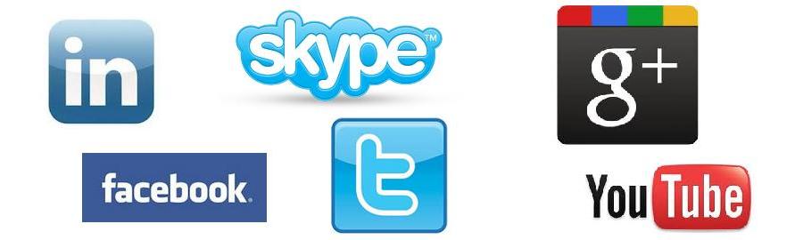 Logos for LinkedIn, Facebook, Twitter, YouTube, Google+, Skype