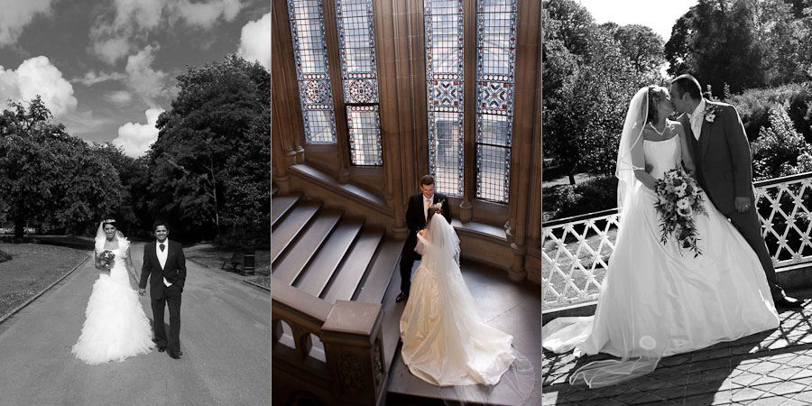 Wedding portrait photography of bride and groom walking, staring at one another, and kissing