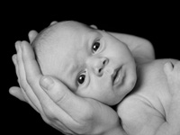 Baby's head being held in Dad's hands